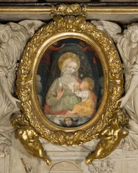 Altar des Heiligen Eusebius, Fresko Unsere Liebe Frau des Friedens 15. Jahrhundert, Eingefügt in den Rahmen mit Engeln 1622
