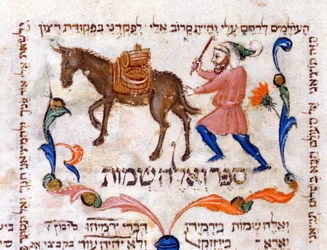 Ein Olivenölhändler auf Reisen in der Toskana, Illustration aus der Tora, 1398