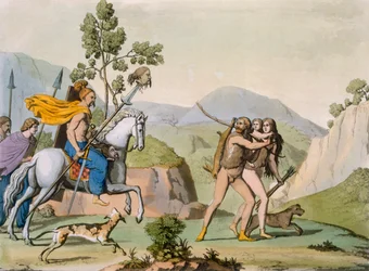 Alte keltische Krieger auf einem Streifzug treffen ein Paar auf der Jagd