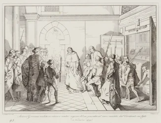 Antonio Grimani in Ketten geführt, um sich für sein Kommando zur See zu verantworten (Gravur)