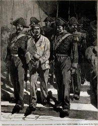 Verhaftung von Giovanni Passannante (1849-1910), der das Attentat auf den italienischen König Umberto I. in Neapel 1878 verübte. Dieses Ereignis inspirierte den Dichter Giovanni Pascoli zu einer Ode. Gravur aus dem 19. Jahrhundert