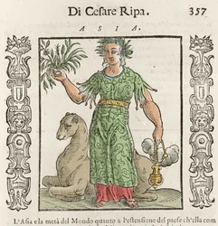 Asiatische Allegorie mit einem Kamel. Gravur aus „Iconologia“ von Cesare Ripa (um 1550-1622)
