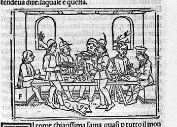 Bankettszene in Anwesenheit von Mitgliedern des florentinischen Adels. Illustration zum „Decameron“ von Giovanni Boccaccio genannt Jean Boccace (1313-1375), italienischer Schriftsteller