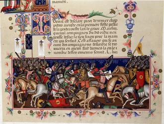 Kampfszene während der Kreuzzüge - Detail der Statuten des Ordens des Heiligen Geistes (Orden des Heiligen Geistes), Neapel