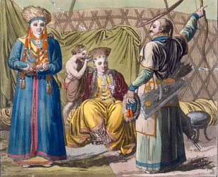 Buryat-Familie in einem Innenraum, aus Costume dei... von Giulio Ferrario, ca. 1820er-30er Jahre