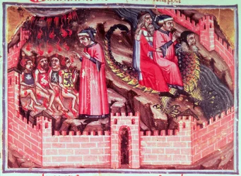 Canto XVII Vier Sodomiten: Dante und Virgil reiten auf dem Rücken von Geryon in den Kreis der Betrüger, aus der Göttlichen Komödie (Inferno), ca. 1313