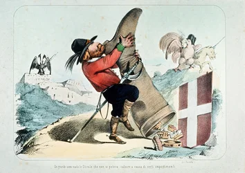 Karikatur von Giuseppe Garibaldi, der einen mit Kronen gefüllten Stiefel (Italien) ausleert, von Litografia Perrotta