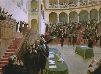 Cavour lässt das erste italienische Nationalparlament König Viktor Emanuel II. am 18. Februar 1861 applaudieren, Illustration aus einem Album zur Geschichte des Risorgimento für die Schokolade Talmone, späte 19. Jahrhundert