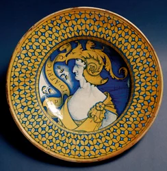 Keramikteller, verziert mit einer Darstellung von Scipio Africanus (185-129 v. Chr.), hergestellt in Deruta, Italien. Um 1520. Florenz, Museo Nazionale del Bargello