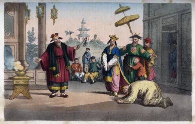 China - Eine Theateraufführung im Freien - Gravur aus 