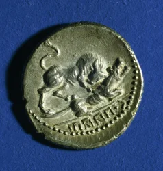 Münze der italischen Stämme mit einem Stier, der die römische Wölfin angreift, 89-90 v. Chr.
