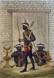Kongostämme und Fetischfiguren bewachen den Palast des Saba oder Herrschers, ca. 1820er-30er Jahre