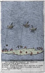 Korallenfischerei im Golf von Trapani in Sizilien, Darstellung kleiner Unterwasserinseln, auf denen Korallenbänke entstehen. Gravur aus „Stato Presente della Sicilia“ von Arcangelo Leanti, Palermo 1761