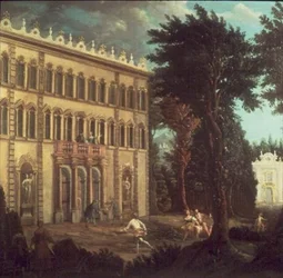 Landhaus mit eleganten Figuren (eines von einem Paar)
