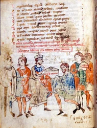 Hof von Mathilde von Canossa (oder Gräfin Mathilde von Toskana) (1046 - 1115) in "Vita Mathildis" von Donizone, Manuskript aus dem 13. Jahrhundert. Lucca, Bibl, Governativa