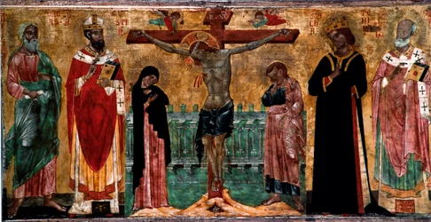 Kreuzigung und Heilige. Holzgemälde eines anonymen Künstlers der Veneto-Byzantinischen Schule. Venedig, Museo Correr