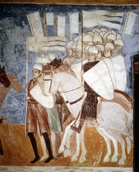 Kreuzritter hören die Rede von Ottone Visconti. Fresko von Rocca di Angera, frühes 14. Jahrhundert.
