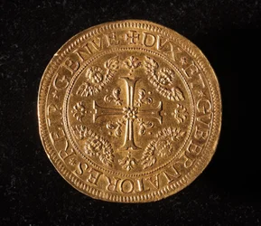 Währung der Republik Genua: 25 Gold-Doppie-Münze. Durchm. 52,5 mm. 1694. Vorderseite. Genua Musei di Strada Nuova (inv. 6457)