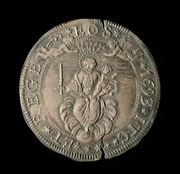 Währung der Republik Genua: ECU breit in Silber. Durchmesser 61 mm. 1693. Rückseite. Genua Musei di Strada Nuova (inv, M7097)