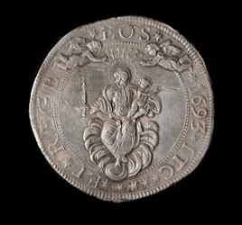 Währung der Republik Genua: Fünf-Ecus-Silbermünze. Durchmesser 61 mm. 1693. Rückseite. Genua Musei di Strada Nuova