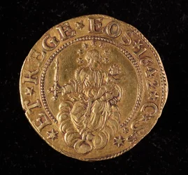 Währung der Republik Genua: fünf Gold-Doppie-Münze. Durchmesser 41 mm. 1642. Rückseite. Genua Musei di Strada Nuova