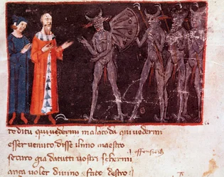 Dante und Vergil sprechen mit Malacoda, Anführer der Malebranche-Truppen (Gesang 21 aus der Hölle, in der Göttlichen Komödie) - Miniatur