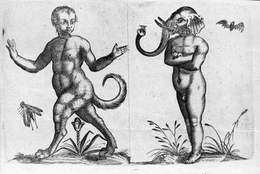 Verschiedene Arten von menschlichen Monstern: Ein Mann mit Tierbeinen und ein anderer mit Elefantenkopf. Gravur aus „De monstrorum natura, causis et differentiis“ von Fortunio Liceti (1577-1656), italienischer Wissenschaftler. 1646