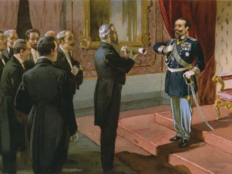 Herzog von Sermoneta überreicht König Viktor Emanuel II. das Plebiszit von Rom im Palazzo Pitti, Florenz, 1870, Illustration aus einem Album zur Geschichte des Risorgimento für die Schokolade Talmone, späte 19. Jahrhundert