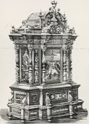 Ebenholzschrank mit Einlagen von Möbeltischler Alessandro Monteneri aus Perugia (aktiv 19.-20. Jahrhundert), Illustration von der italienischen Ausstellung 1881 in Mailand, Italien