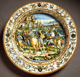 Episode aus dem Leben Julius Caesars. Keramikteller, hergestellt in Urbino in der Werkstatt Fontana, Italien. Um 1550, Florenz, Museo Nazionale del Bargello