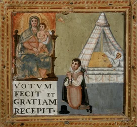 Ex-Voto, das einen Mann zeigt, der der Jungfrau auf Knien für die Heilung von einer Krankheit dankt, 1604