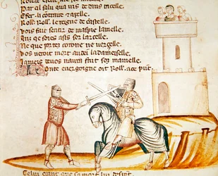 Kampf zwischen einem berittenen Soldaten und einem Soldaten zu Fuß, aus Codex Entree d