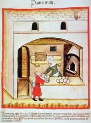 Zubereitung von Hirsebrot, Illustration aus Tacuinum Sanitatis Codex Vindobonensis