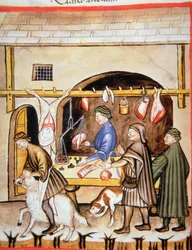 Die Metzger: Verkauf von Hammelfleisch, Illustration aus Tacuinum Sanitatis