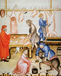 Die Metzger: Schweinefleisch, Illustration aus Tacuinum Sanitatis Codex Vindobonensis