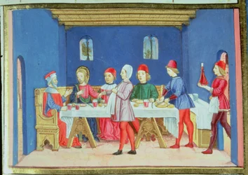 Fol.75v Jesus fragt während des Essens im Haus des Pharisäers, ob es erlaubt ist, am Sabbat zu heilen