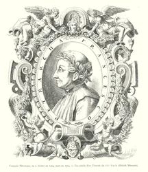 Francesco Petrarca, geboren in Arezzo 1304, gestorben 1374, Faksimile eines Porträts aus dem 16. Jahrhundert, British Museum (Gravur)
