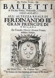 Frontispiz der Partitur von Balletti a tre, Opera III von Tomaso Albinoni (1671-1750)