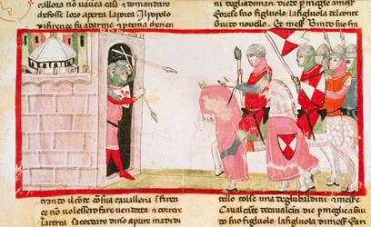 Guelfen blockieren die Ghibellinen am Wiedereintritt in die Stadt, Miniatur aus der Cronica von Giovanni Villani, Manuskript, Italien, 14. Jahrhundert