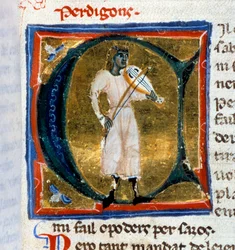 Historische Initiale (Buchstabe A). Der Troubadour Perdigon spielt die alte Weise