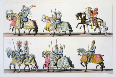 Heiliges Römisches Reich: Teilnehmer an einem Turnier auf der Burg Luxemburg zur Zeit von Maximilian I., aus Costumi dei Romani, Svizzeri.. ca. 1800-18