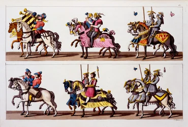 Heiliges Römisches Reich: Teilnehmer an einem Turnier auf der Burg Luxemburg zur Zeit von Maximilian I., aus Costumi dei Romani, Svizzeri.. ca. 1800-18