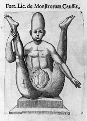 Menschliches Monster: eine Kreatur mit riesigem Schädel und sichtbaren Eingeweiden. Gravur aus „De monstrorum natura, causis et differentiis“ von Fortunio Liceti (1577-1656), italienischer Wissenschaftler. 1646