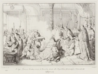 Der Doge Francesco Loredano erhält die Goldene Rose, die der Republik vom Papst Clemens XIII. geschenkt wurde