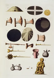 Inka-Werkzeuge und Artefakte, Peru, aus Le Costume Ancien et Moderne, Band II, Tafel 22, von Jules Ferrario, veröffentlicht ca. 1820er-30er Jahre