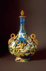 Io und Juno. Keramikkrug aus der Fontana-Werkstatt in Urbino, Italien. 16. Jahrhundert. Museo Nazionale del Bargello, Florenz, Italien