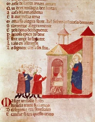 Jesus bei Maria Magdalena Miniatur aus „Del novo e del vedre testamento“ von Pietro da Barsegape (13. Jahrhundert) 14. Jahrhundert Mailand, Biblioteca Braidense