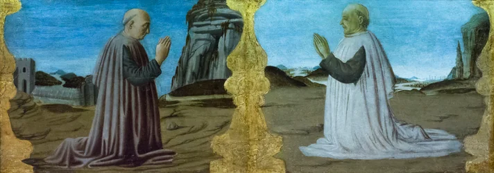 Landschaft mit zwei Stiftern von Meister der Colonna Predella