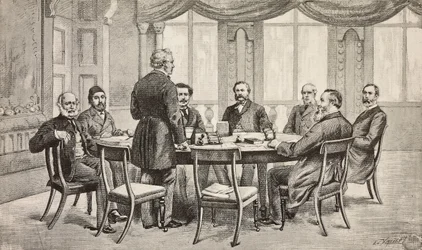 Londoner Konferenz über Ägypten, Vereinigtes Königreich: Graf Munster, Musurus Pascha, Granville (stehend), Graf Nigra, Waddington, De Staal, Childers, Graf Karolyi