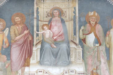 Madonna mit Kind, Erzengel Gabriel, Johannes der Täufer, Heiliger Ambrosius, Heiliger Bernhard